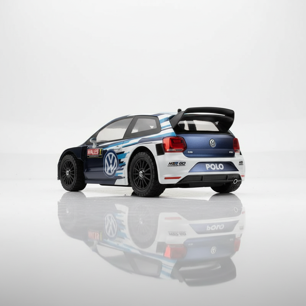 Voiture RC drift 1/14 Polo WRC bleu noir vue de profil